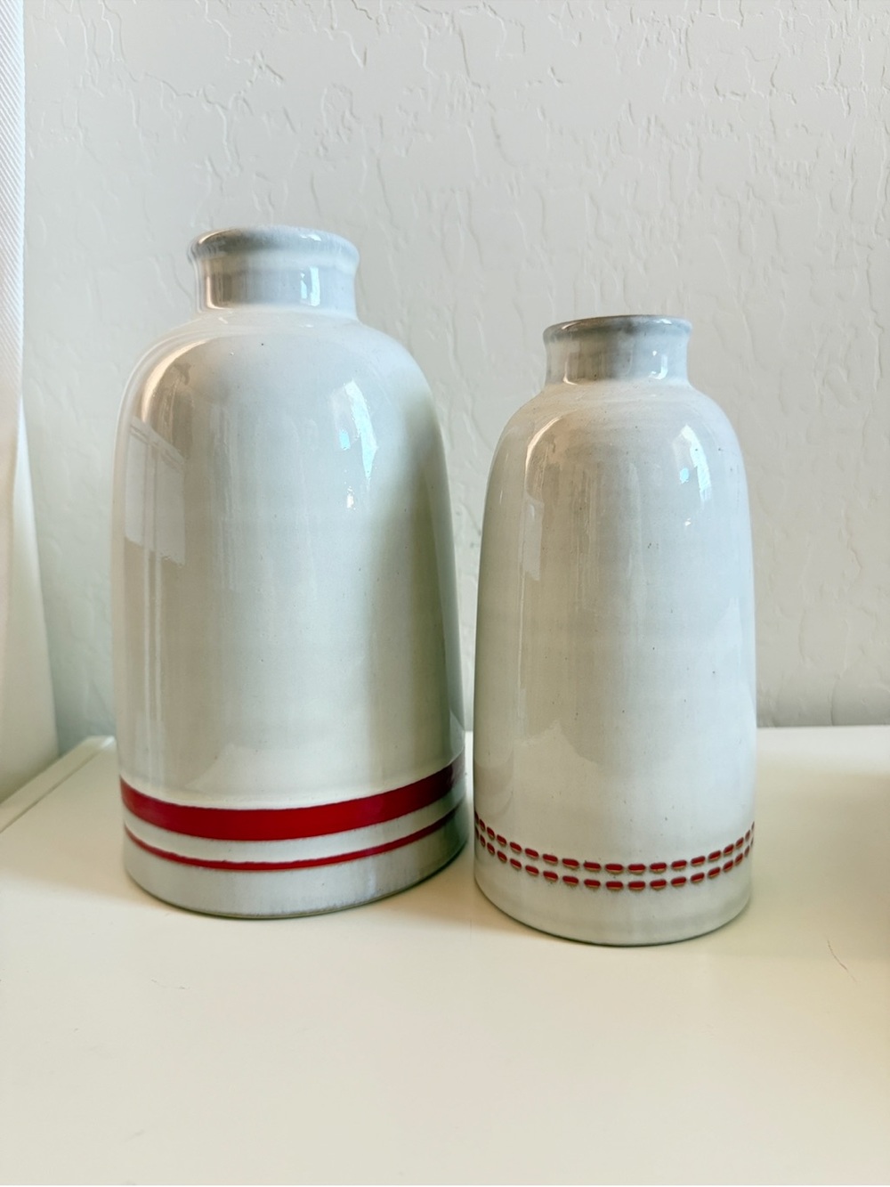 Hearth & Hand White Ceramic Vases with Red Stripe Accents